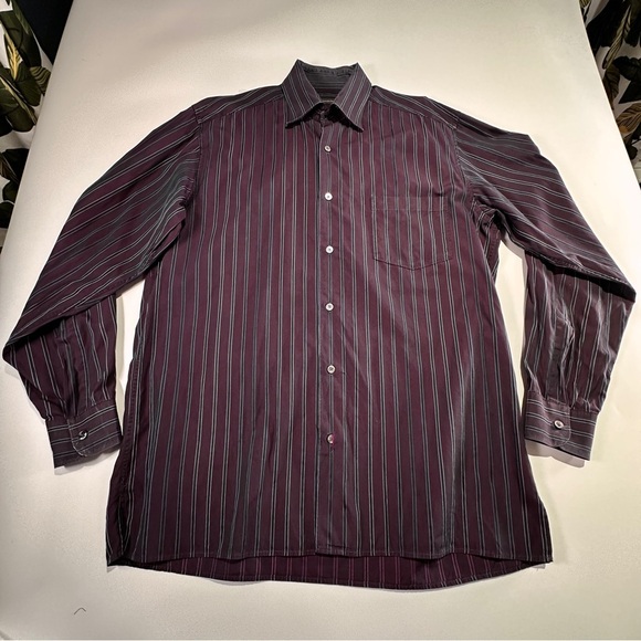 Ermenegildo Zegna classic cotton striped dress shirt tailored fit L burgundy - Picture 2 of 8